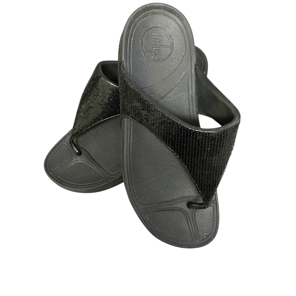 FitFlop Lulu Glitter Sandals Thong Flip Flop Wedge Slip On Black Womens Size 8 - Picture 10 of 10